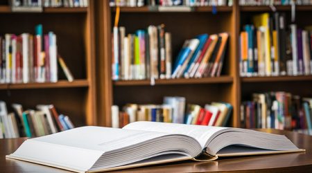 Open book on the table in library